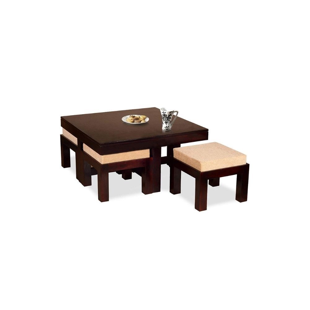 Aaram By Zebrs Modern Furniture Sheesham Indian Rosewood Square Coffee Table | Center Table with 4 Stools, Four Seater Coffee Table