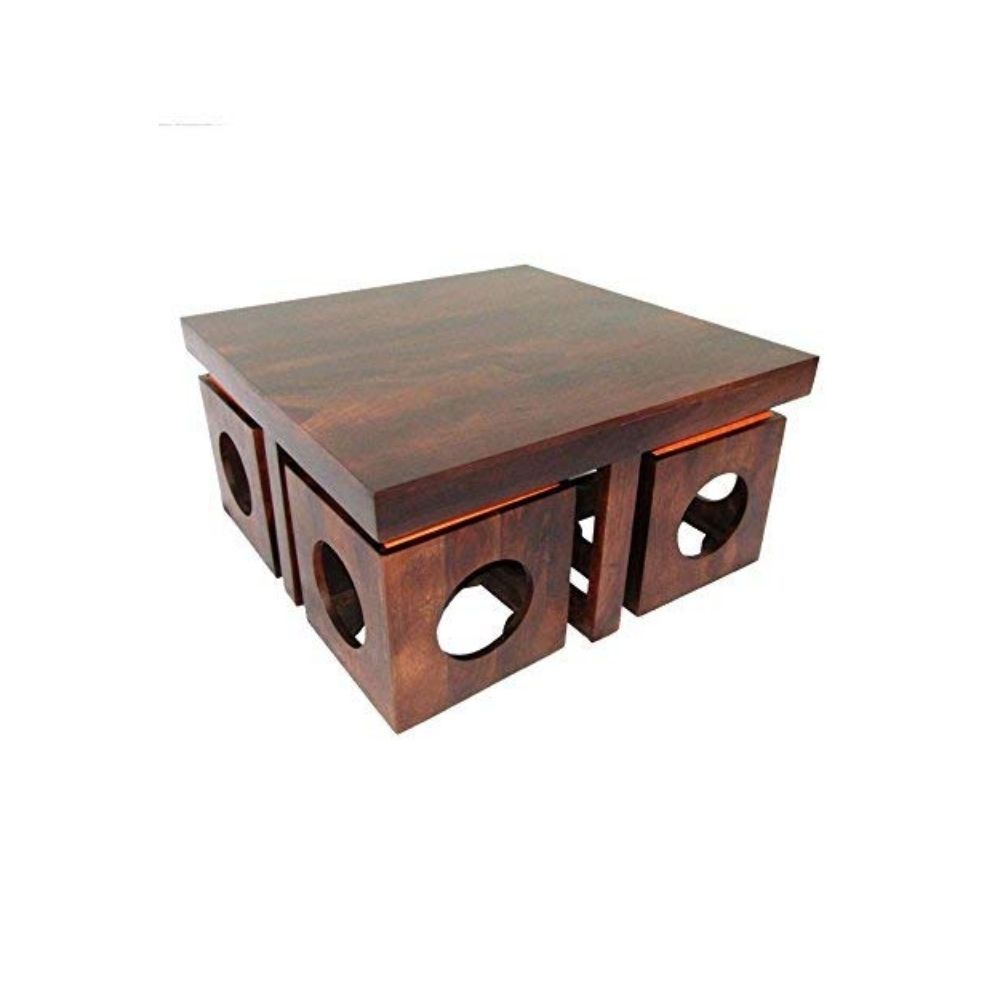 Aaram By Zebrs Modern Furniture Sheesham Wood Coffee Table Set | Center Table with 4 Stools, Four Seater Coffee Table Set |Natural Teak