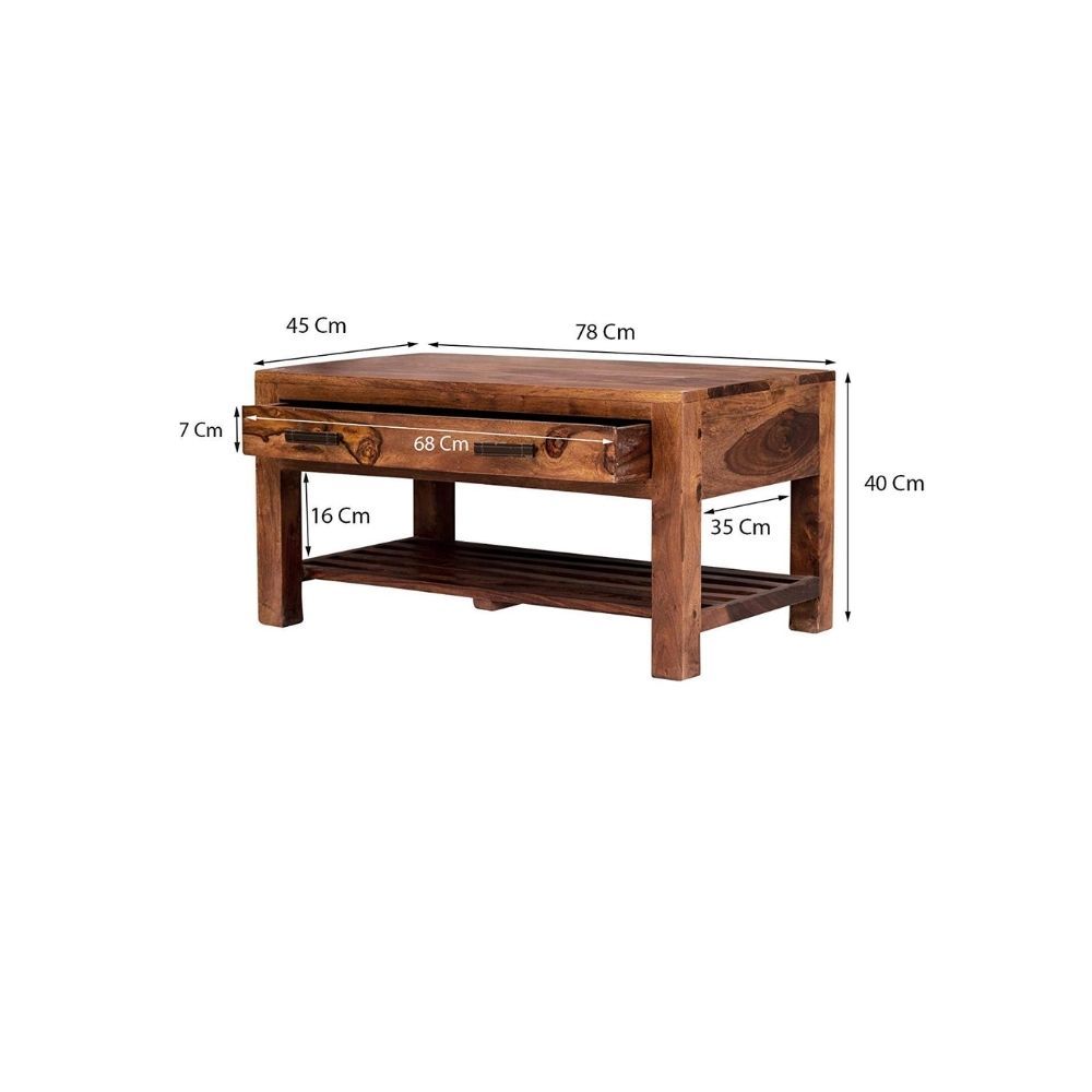 Aaram By Zebrs Modern Furniture Solid Indian Wood Center Table/Coffee Table/Tea Table with Drawer & Shelf Storage for Home Living Room (Natural Teak Finish)