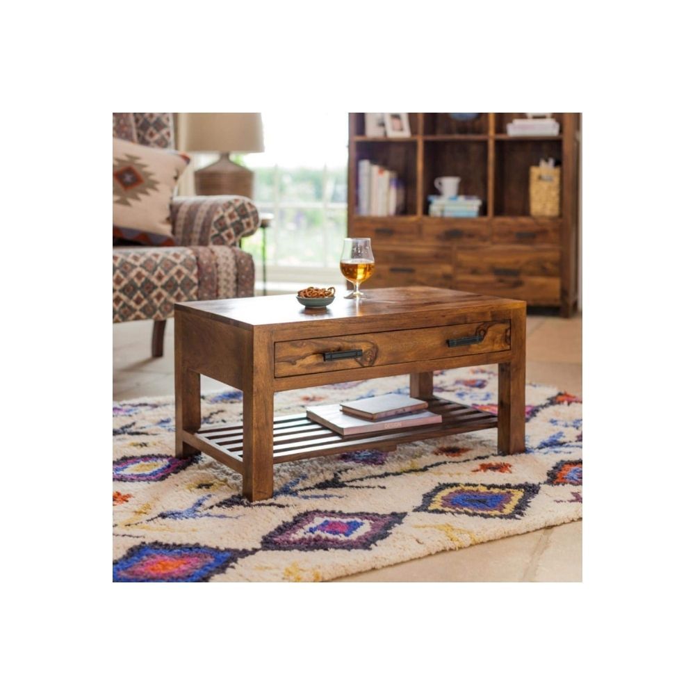 Aaram By Zebrs Modern Furniture Solid Indian Wood Center Table/Coffee Table/Tea Table with Drawer & Shelf Storage for Home Living Room (Natural Teak Finish)