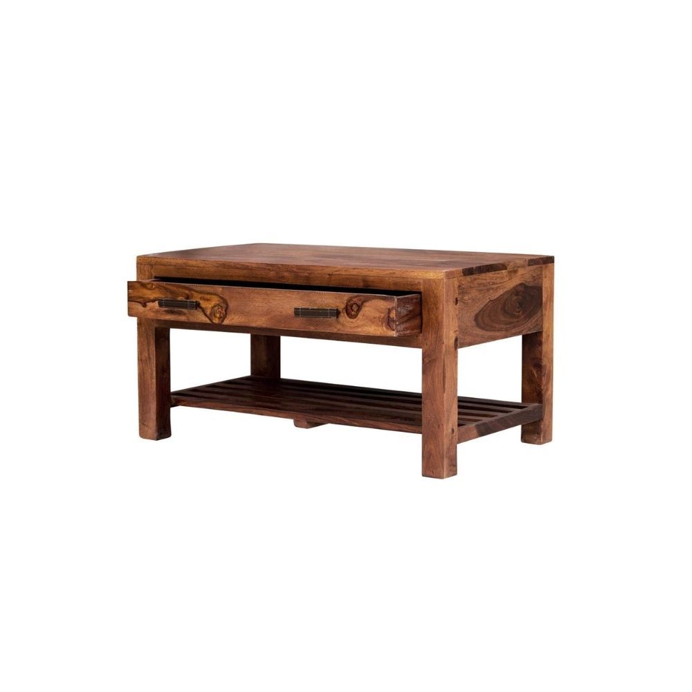 Aaram By Zebrs Modern Furniture Solid Indian Wood Center Table/Coffee Table/Tea Table with Drawer & Shelf Storage for Home Living Room (Natural Teak Finish)