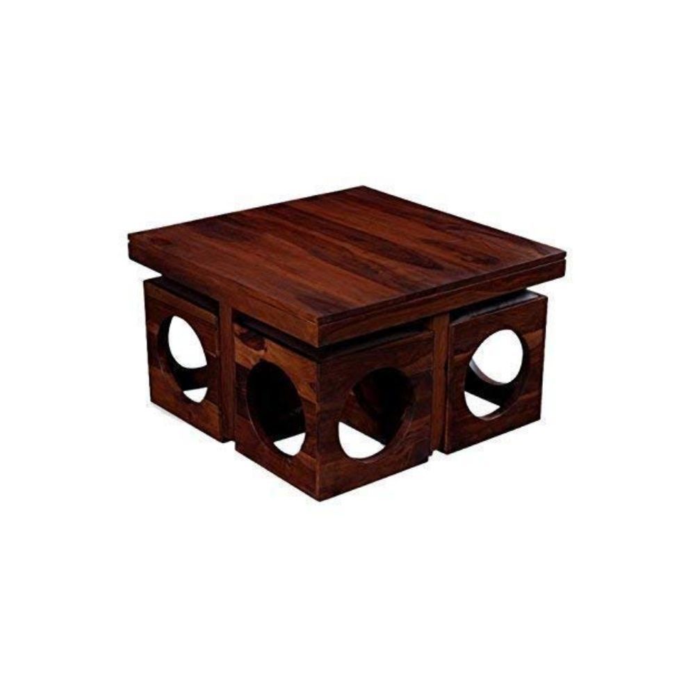 Aaram By Zebrs Modern Furniture Solid Sheesham Indian Rosewood 4 Seater Square Coffee Table Set/Center Table with 4 Stools for Home and Hotel (Natural Teak)