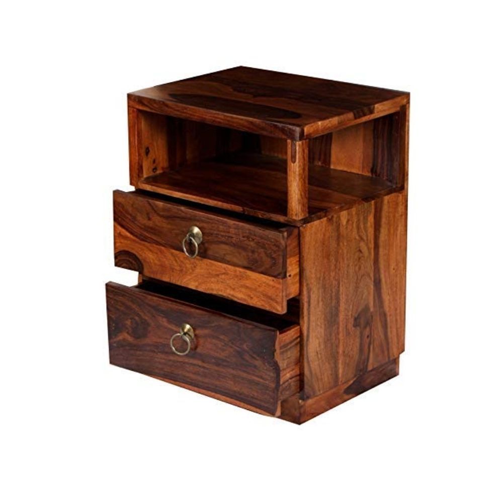 Aaram By Zebrs Modern Furniture Solid Sheesham Indian Rosewood Bedside Table with 2 Drawers & Shelf Storage for Bedroom, Livingroom, Hotelroom | Side Table