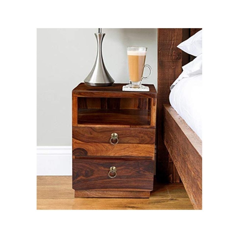 Aaram By Zebrs Modern Furniture Solid Sheesham Indian Rosewood Bedside Table with 2 Drawers & Shelf Storage for Bedroom, Livingroom, Hotelroom | Side Table