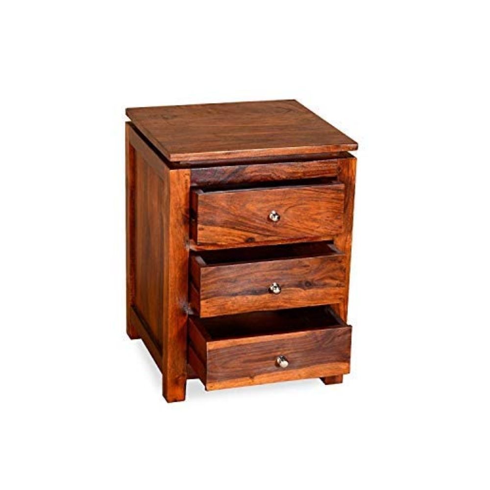 Aaram By Zebrs Modern Furniture Solid Sheesham Indian Rosewood Bedside Table with 3 Drawer Storage for Bedroom