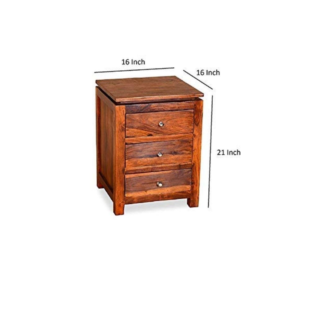 Aaram By Zebrs Modern Furniture Solid Sheesham Indian Rosewood Bedside Table with 3 Drawer Storage for Bedroom