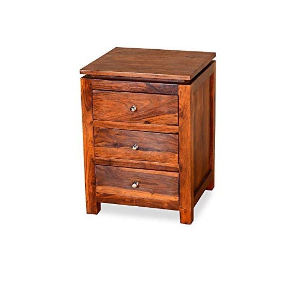 Aaram By Zebrs Modern Furniture Solid Sheesham Indian Rosewood Bedside Table with 3 Drawer Storage for Bedroom