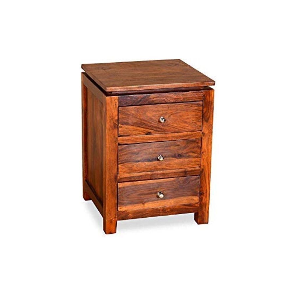 Aaram By Zebrs Modern Furniture Solid Sheesham Indian Rosewood Bedside Table with 3 Drawer Storage for Bedroom