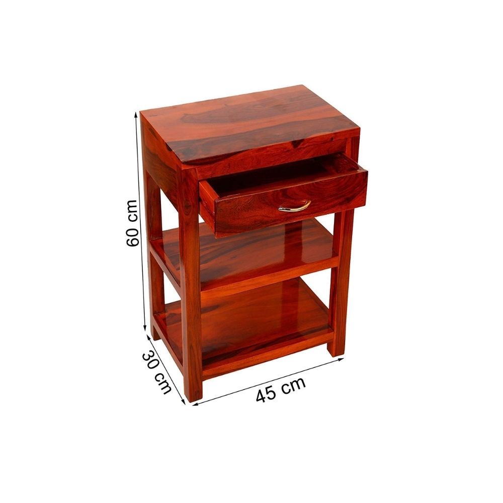 Aaram By Zebrs Modern Furniture Solid Sheesham Indian Rosewood Bedside Table with Drawer and 2 Shelf Storage for Bedroom
