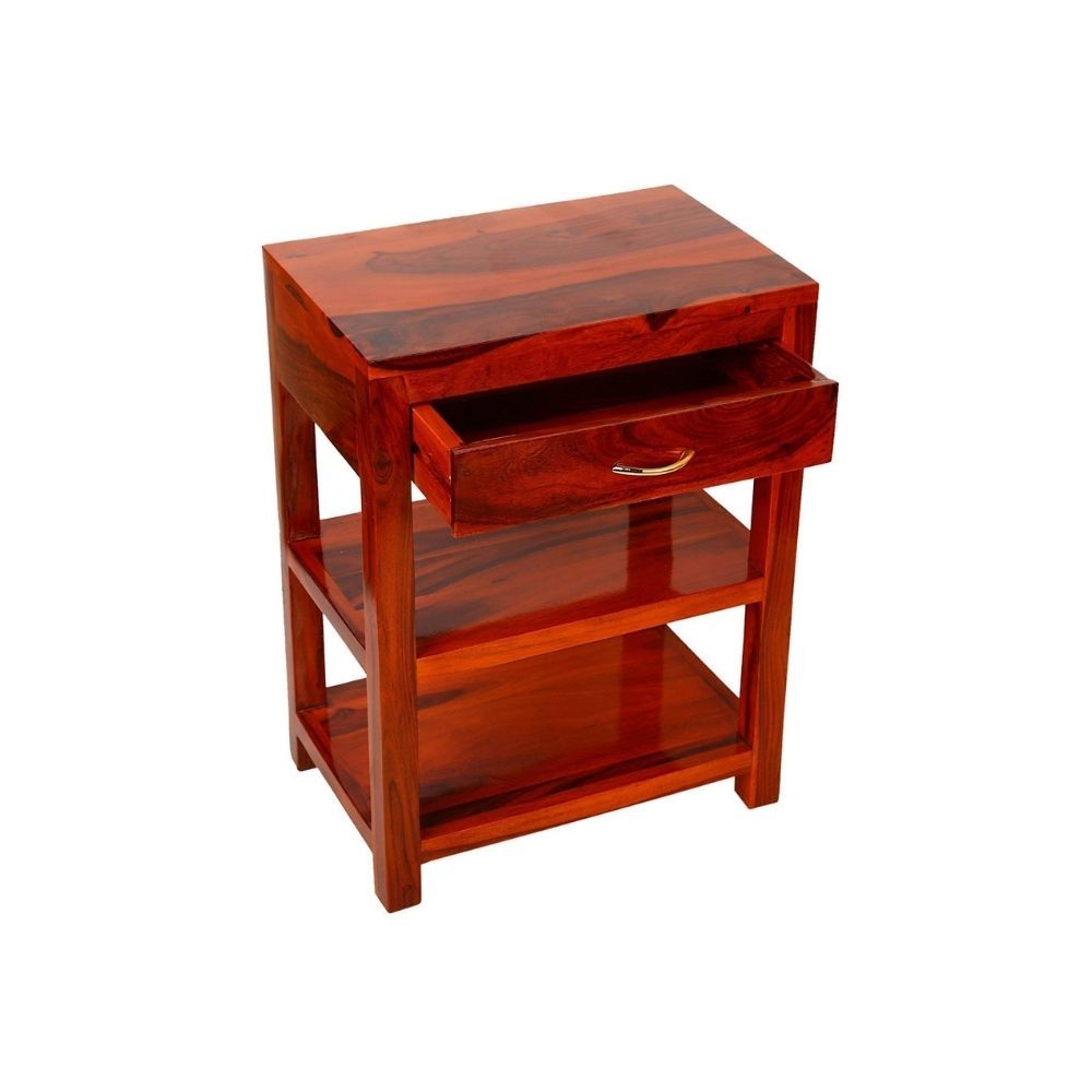 Aaram By Zebrs Modern Furniture Solid Sheesham Indian Rosewood Bedside Table with Drawer and 2 Shelf Storage for Bedroom