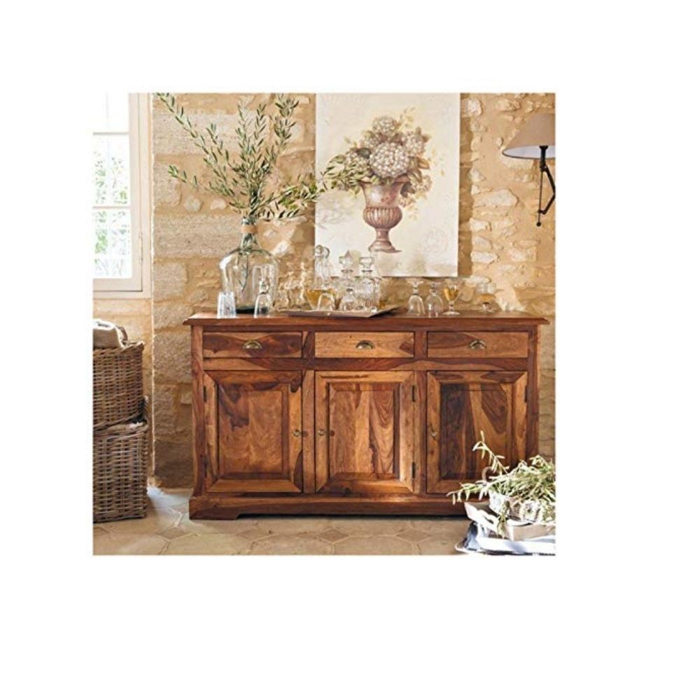 Aaram By Zebrs Modern Furniture Solid Sheesham Indian Rosewood Sideboard Cabinet with Three Drawers & Three Cabinet Storage for Home,Hotel & Living Room, (Natural Finish)