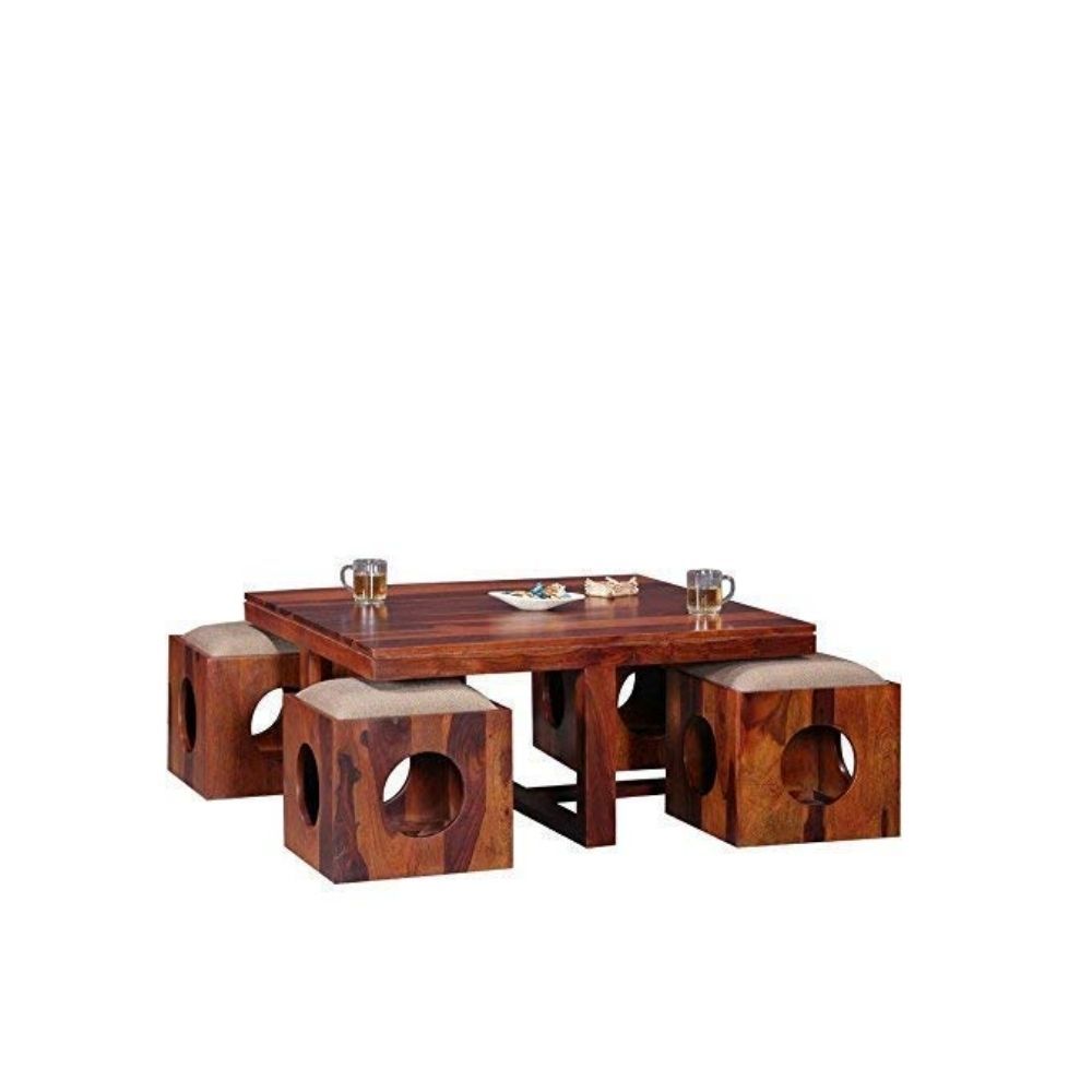 Aaram By Zebrs Modern Furniture Solid Sheesham Wood 4 Seater Coffee Table Set/Center Table with 4 Stools for Home and Hotel Living Room (Natural Teak)
