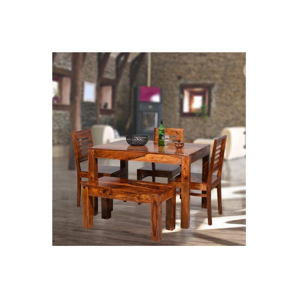 Aaram By Zebrs Modern Furniture Solid Sheesham Wood 4 Seater Dining Table Set Dining Table with 3 Chairs & 1 Bench Dinner Table Set for Dining Room Home