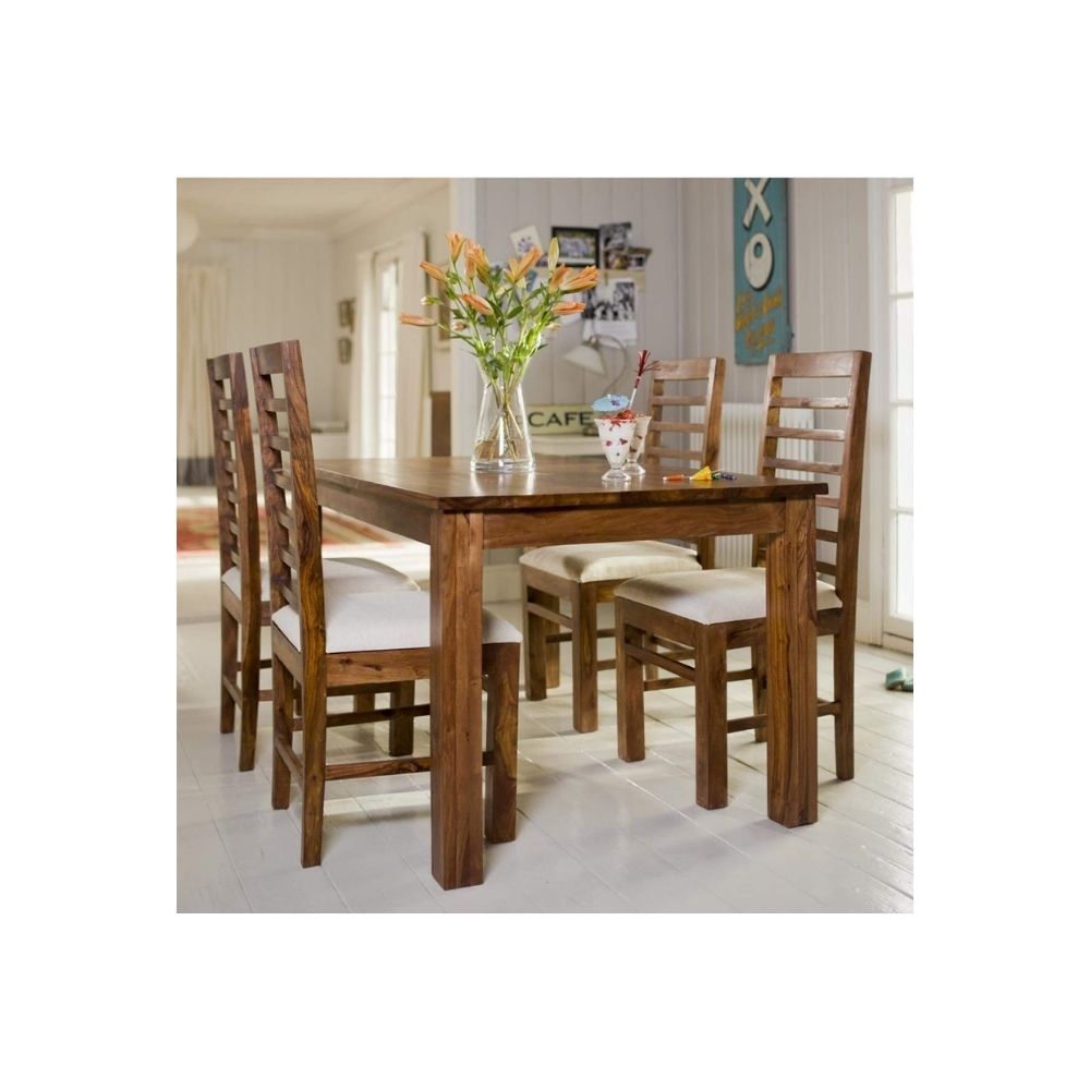 Aaram By Zebrs Modern Furniture Solid Sheesham Wood 4 Seater Dining Table Set Dining Table with 4 Cushion Chairs Dinner Table Set for Dining Room Home