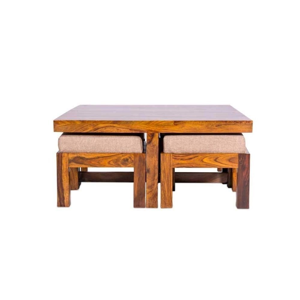 Aaram By Zebrs Modern Furniture Solid Sheesham Wooden 4 Seater Square Coffee Table Set/Center Table with 4 Stools for Home & Hotel Living Room (Honey Teak)