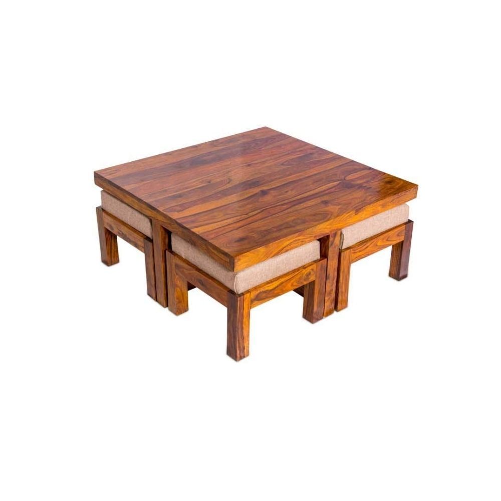 Aaram By Zebrs Modern Furniture Solid Sheesham Wooden 4 Seater Square Coffee Table Set/Center Table with 4 Stools for Home & Hotel Living Room (Honey Teak)