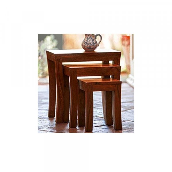 Aaram By Zebrs Modern Furniture Solid Sheesham Wooden Nesting Table Set of 3 Stool/Nesting Table for Home &amp; Hotel/Side Stool (Natural Teak)