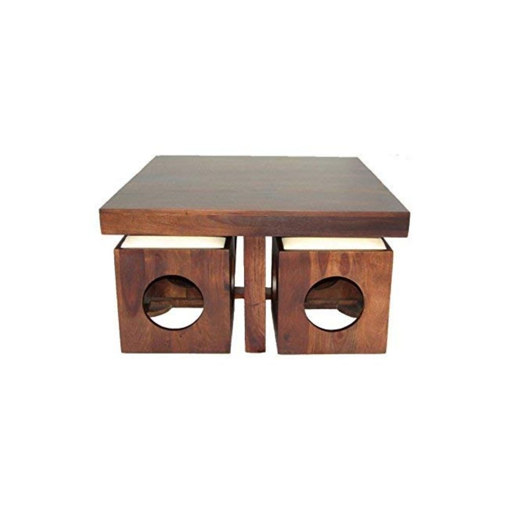 Aaram By Zebrs Modern Furniture Solid Sheesham Wooden Square Coffee Table Set | Center Table with 4 Stools, Four Seater Coffee Table Set- (Natural Teak)
