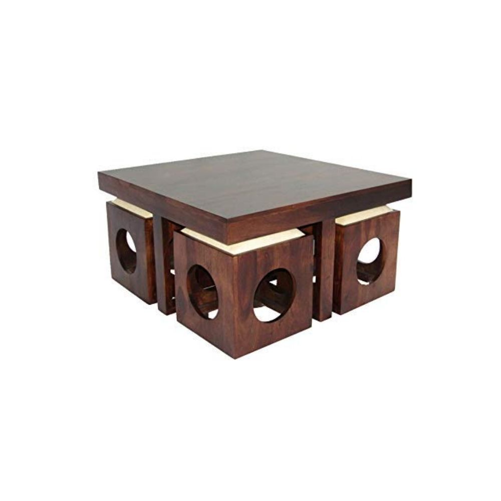 Aaram By Zebrs Modern Furniture Solid Sheesham Wooden Square Coffee Table Set | Center Table with 4 Stools, Four Seater Coffee Table Set- (Natural Teak)