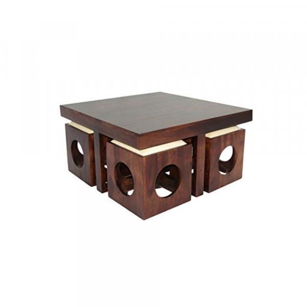 Aaram By Zebrs Modern Furniture Solid Sheesham Wooden Square Coffee Table Set | Center Table with 4 Stools, Four Seater Coffee Table Set- (Natural Teak)