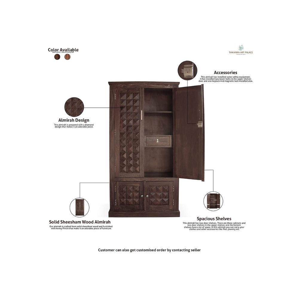 Aaram By Zebrs Platinum Wood Decor Solid Sheesham Wood Almirah/Wardrobe/Cabinet/Cupboard/Bookshelf with Four Doors with Diamond Cut Design, Pre-Assembled (Black Walnut)