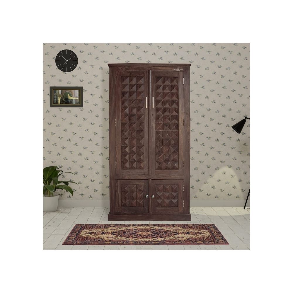 Aaram By Zebrs Platinum Wood Decor Solid Sheesham Wood Almirah/Wardrobe/Cabinet/Cupboard/Bookshelf with Four Doors with Diamond Cut Design (Black Walnut)