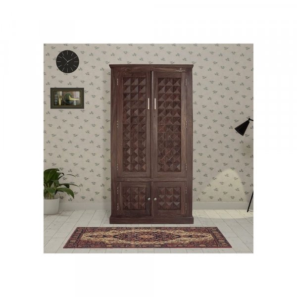 Aaram By Zebrs Platinum Wood Decor Solid Sheesham Wood Almirah/Wardrobe/Cabinet/Cupboard/Bookshelf with Four Doors with Diamond Cut Design (Black Walnut)