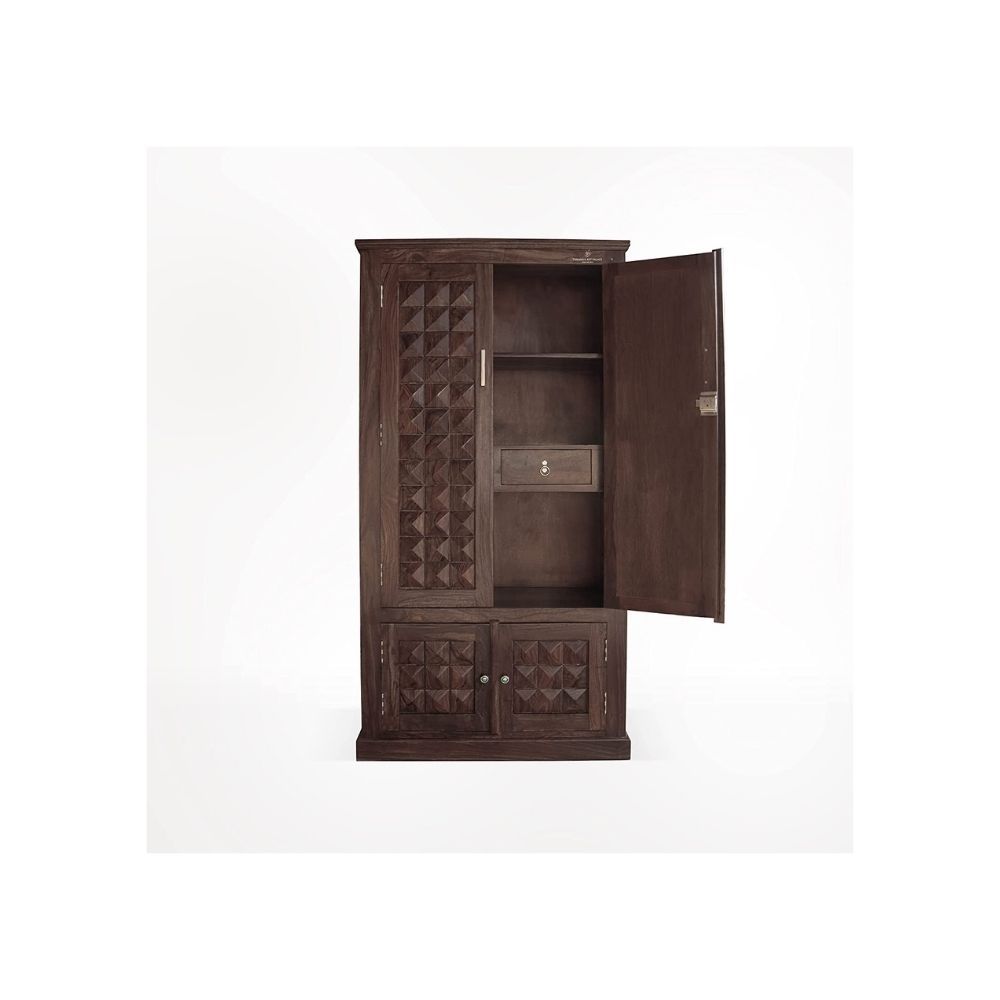 Aaram By Zebrs Platinum Wood Decor Solid Sheesham Wood Almirah/Wardrobe/Cabinet/Cupboard/Bookshelf with Four Doors with Diamond Cut Design, Pre-Assembled (Black Walnut)