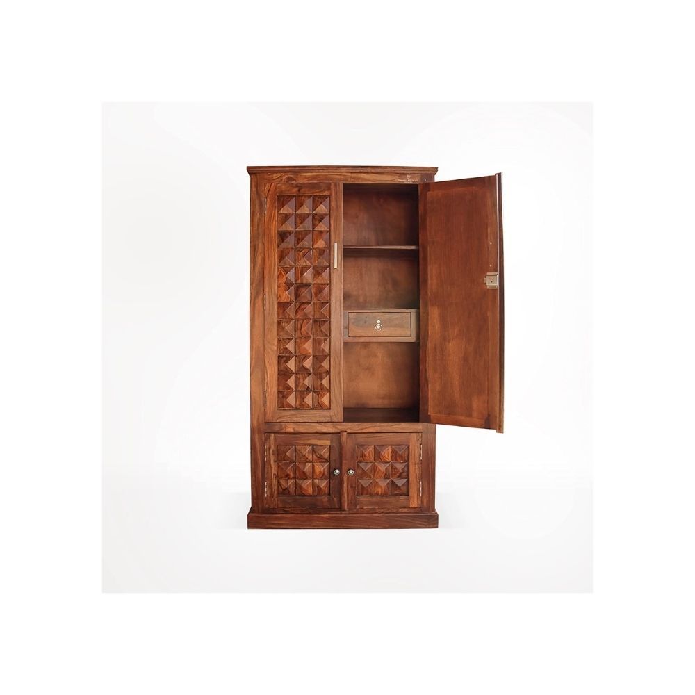 Aaram By Zebrs Platinum Wood Decor Solid Sheesham Wood Almirah/Wardrobe/Cabinet/Cupboard/Bookshelf with Four Doors with Diamond Cut Design, Pre-Assembled (Natural Honey Oak)