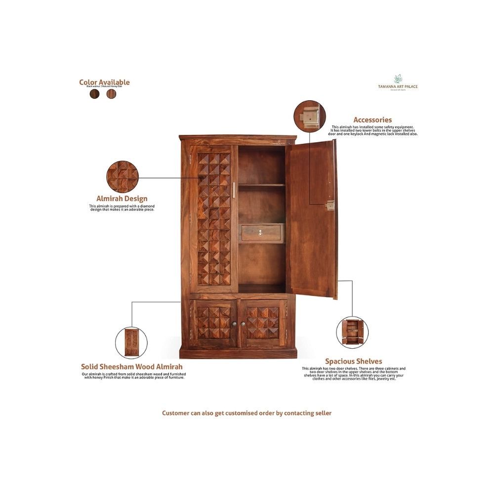 Aaram By Zebrs Platinum Wood Decor Solid Sheesham Wood Almirah/Wardrobe/Cabinet/Cupboard/Bookshelf with Four Doors with Diamond Cut Design, Pre-Assembled (Natural Honey Oak)