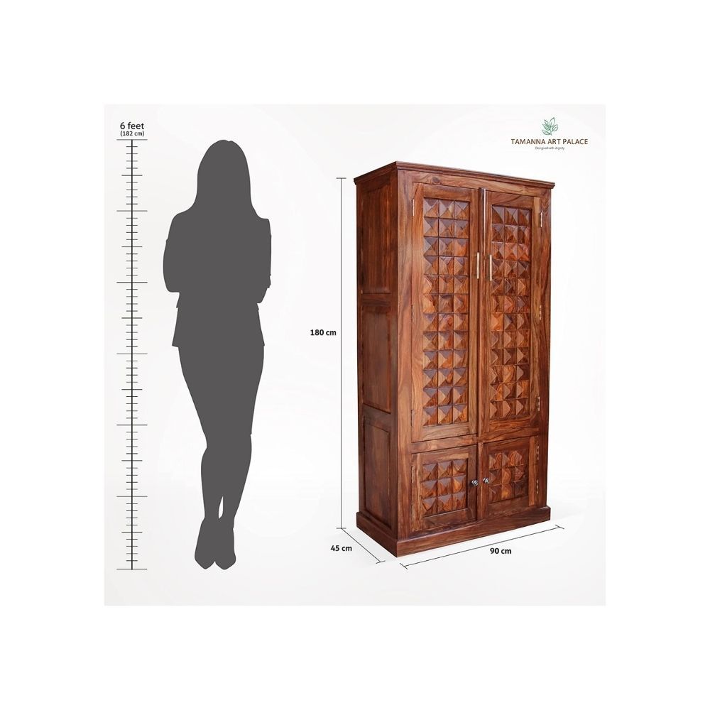Aaram By Zebrs Platinum Wood Decor Solid Sheesham Wood Almirah/Wardrobe/Cabinet/Cupboard/Bookshelf with Four Doors with Diamond Cut Design, Pre-Assembled (Natural Honey Oak)