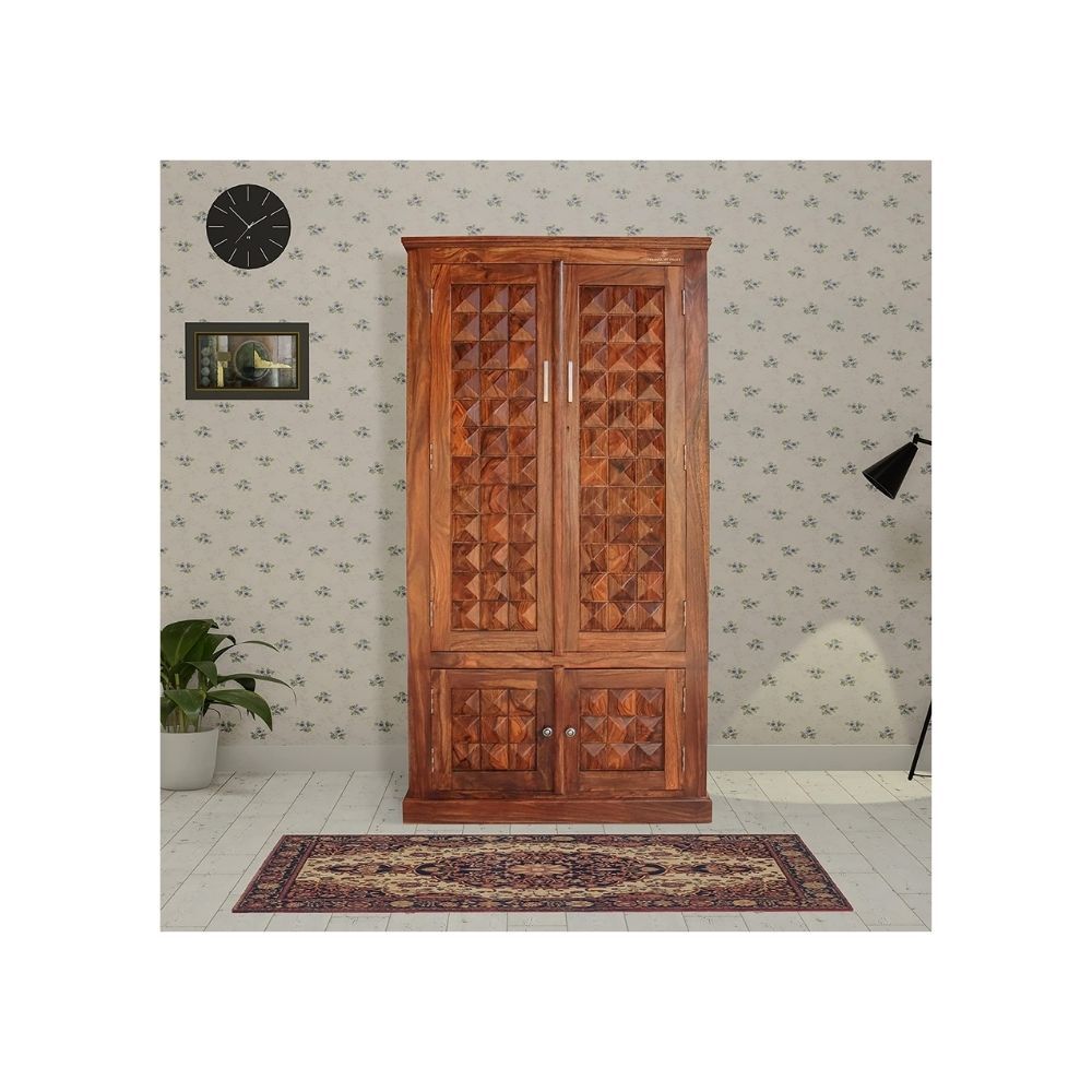 Aaram By Zebrs Platinum Wood Decor Solid Sheesham Wood Almirah/Wardrobe/Cabinet/Cupboard/Bookshelf with Four Doors with Diamond Cut Design, Pre-Assembled (Natural Honey Oak)
