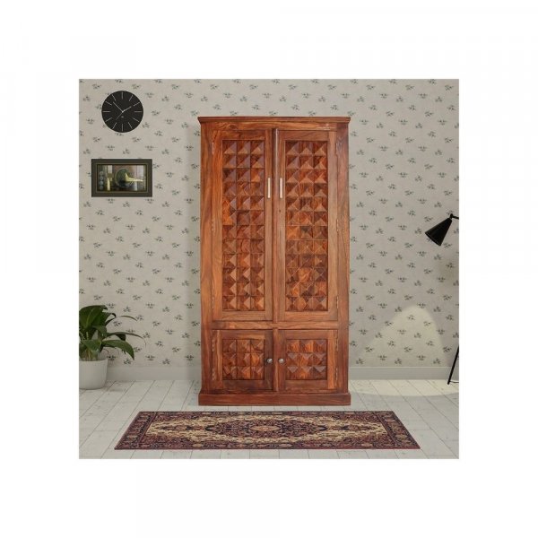 Aaram By Zebrs Platinum Wood Decor Solid Sheesham Wood Almirah/Wardrobe/Cabinet/Cupboard/Bookshelf with Four Doors with Diamond Cut Design, Pre-Assembled (Natural Honey Oak)