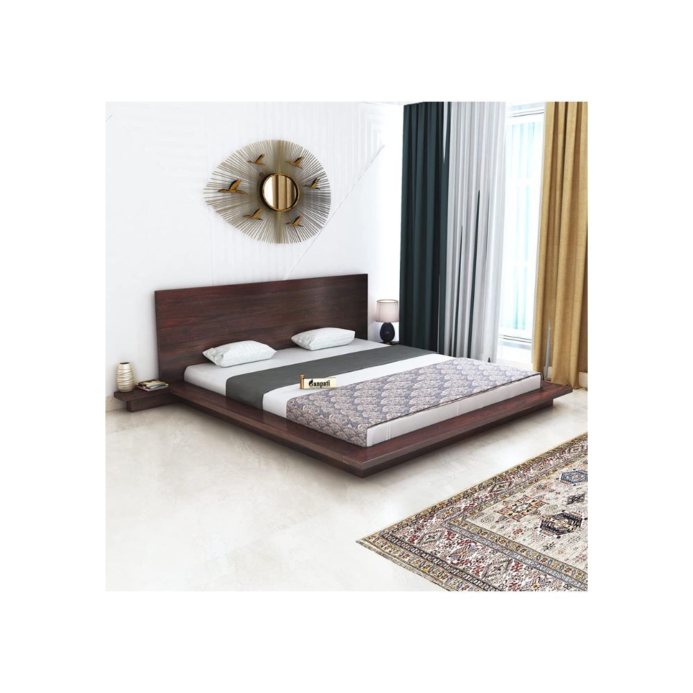 Aaram By Zebrs Sheesham Wood Low Height Platform Queen Size Bed for Bedroom Wooden Double Bed with 2 Bedside Table (Walnut Finish)