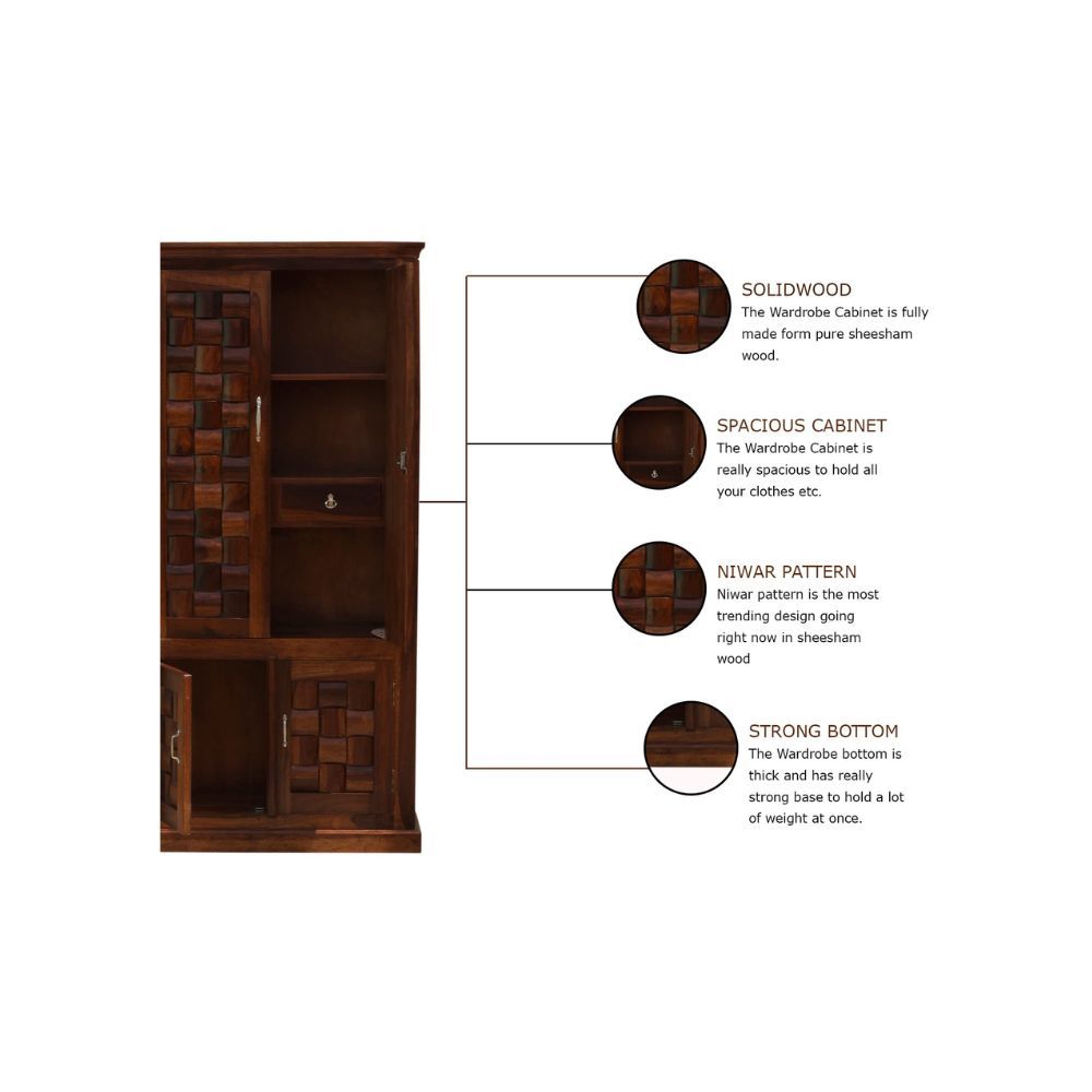 Aaram By Zebrs Solid Sheesham Wood Almirah/Wardrobe/Cabinet/Cupboard/Bookshelf with Four Doors with Niwar Design,(Natural Honey Oak)