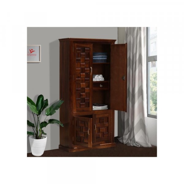 Aaram By Zebrs Solid Sheesham Wood Almirah/Wardrobe/Cabinet/Cupboard/Bookshelf with Four Doors with Niwar Design,(Natural Honey Oak)