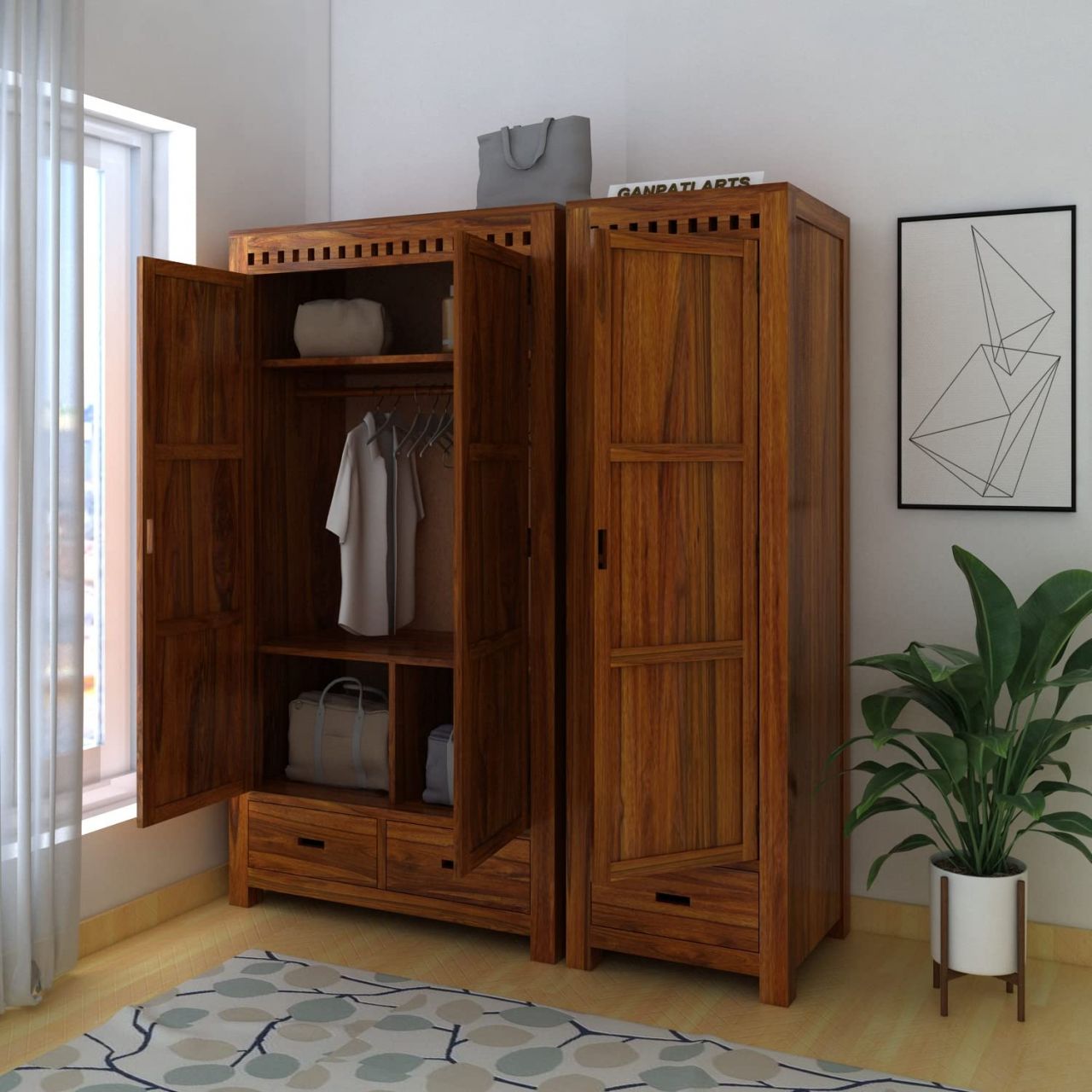 Aaram By Zebrs Solid Sheesham Wood Armania Dual Storage Wardrobe with Door and Drawer for Bedroom Living Room Home Almirah for Clothes Wooden Furniture (Natural Finish)
