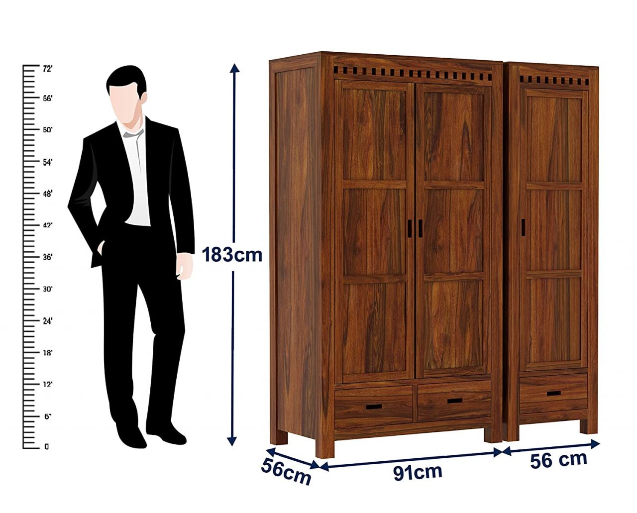 Aaram By Zebrs Solid Sheesham Wood Armania Dual Storage Wardrobe with Door and Drawer for Bedroom Living Room Home Almirah for Clothes Wooden Furniture (Natural Finish)