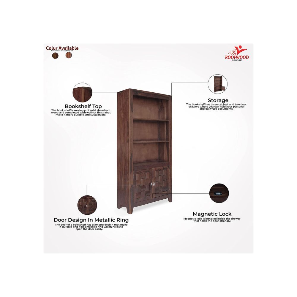 Aaram By Zebrs Solid Sheesham Wood Niwar Book Shelf with 2 Door Cabinet Storage for Home Living Room Library Office Furniture Wooden Bookcase