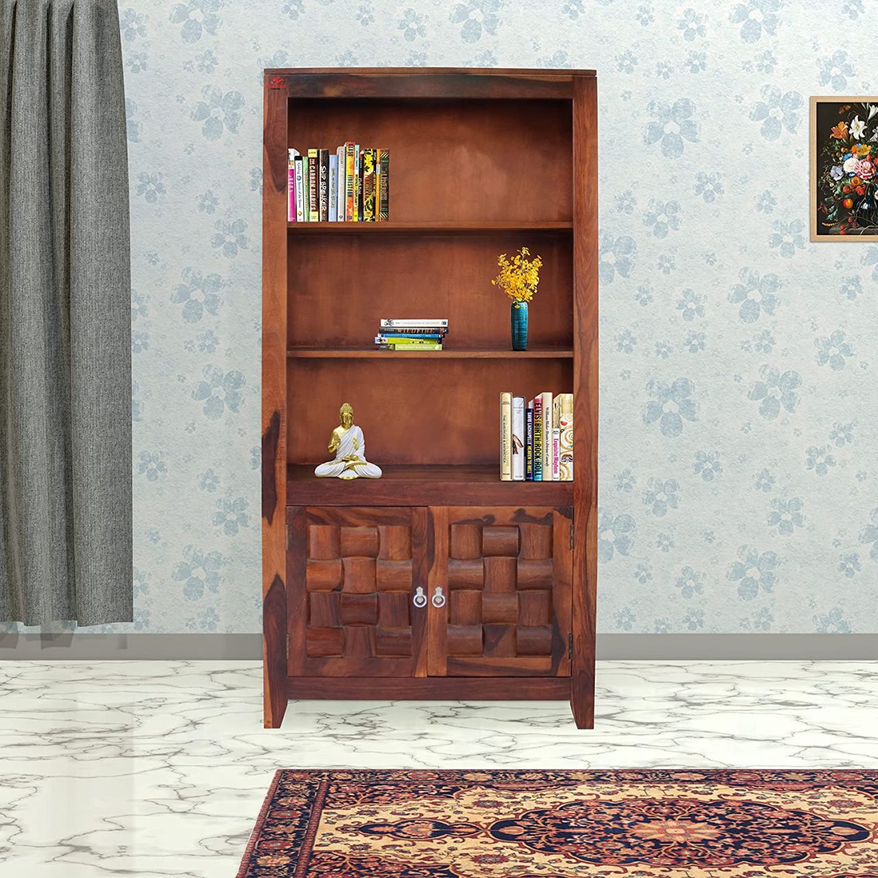Aaram By Zebrs Solid Sheesham Wood Niwar Book Shelf with 2 Door Cabinet Storage for Home Living Room Library Office Furniture Wooden Bookcase Unit Display Rack (Honey Finish Pre-Assembled