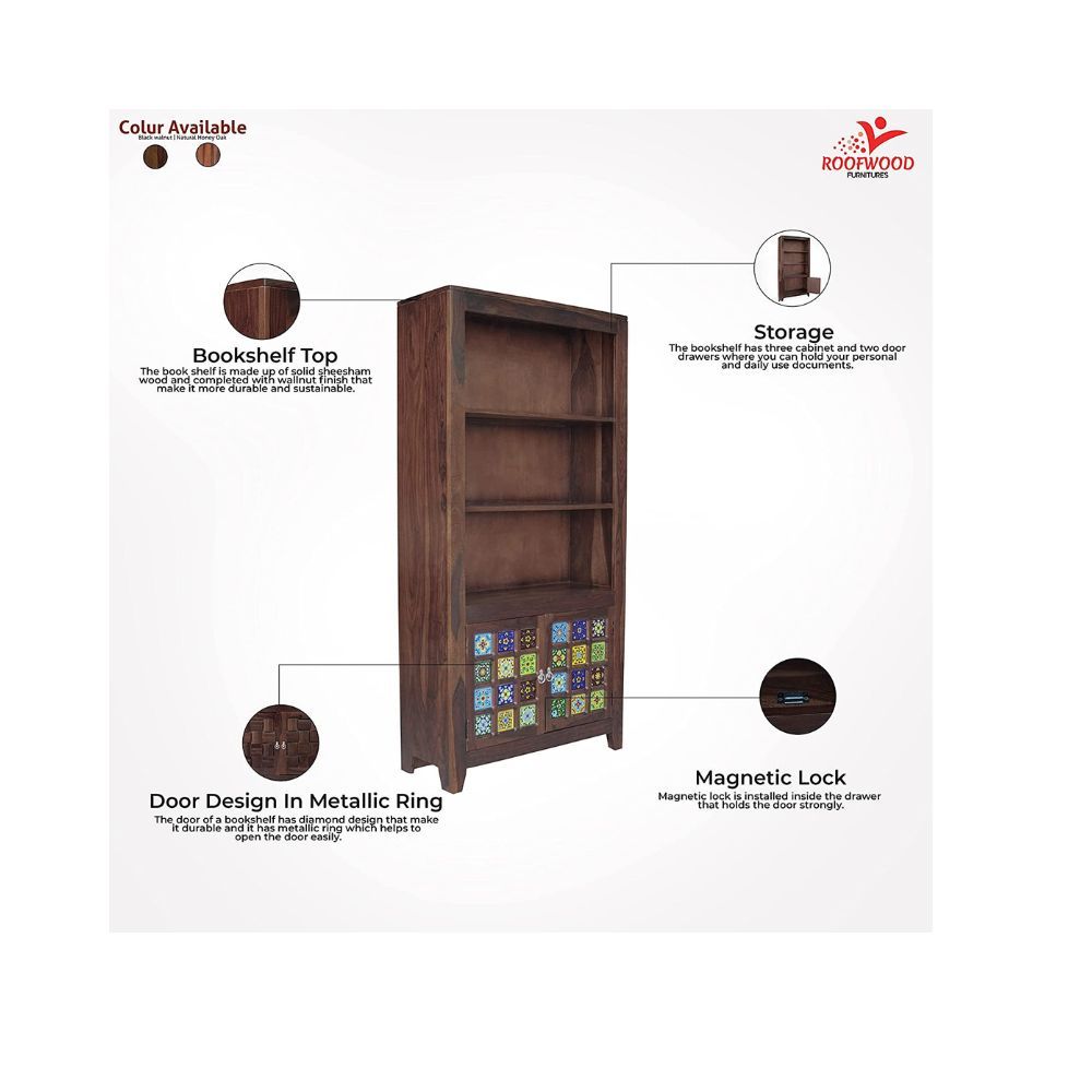 Aaram By Zebrs Solid Sheesham Wood Tail Book Shelf with 2 Door Cabinet Storage for Home Living Room Library Office Furniture Wooden Bookcase
