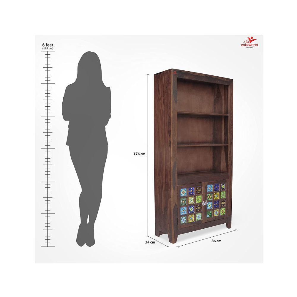 Aaram By Zebrs Solid Sheesham Wood Tail Book Shelf with 2 Door Cabinet Storage for Home Living Room Library Office Furniture Wooden Bookcase