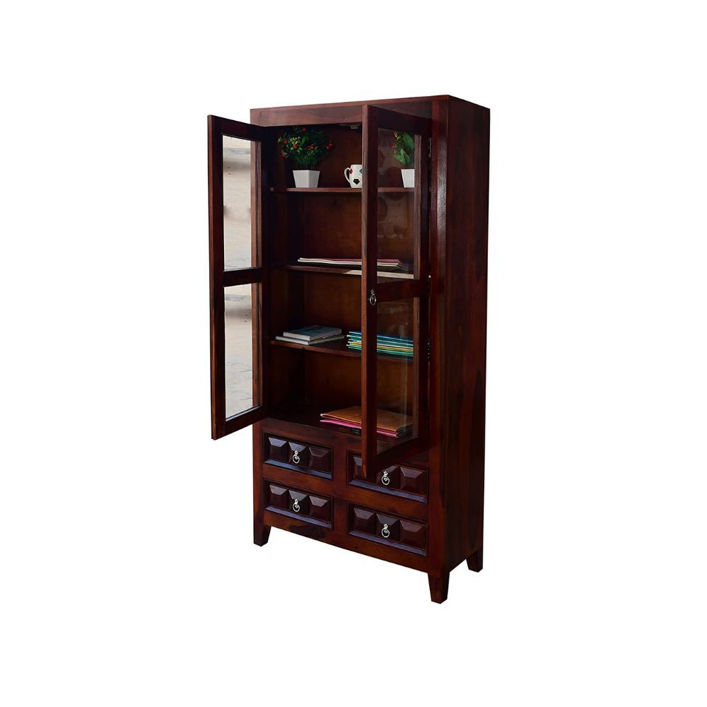 Aaram By Zebrs Solid Sheesham Wooden Book Shelf Cabinet with Glass Rack and Drawer Storage for Home