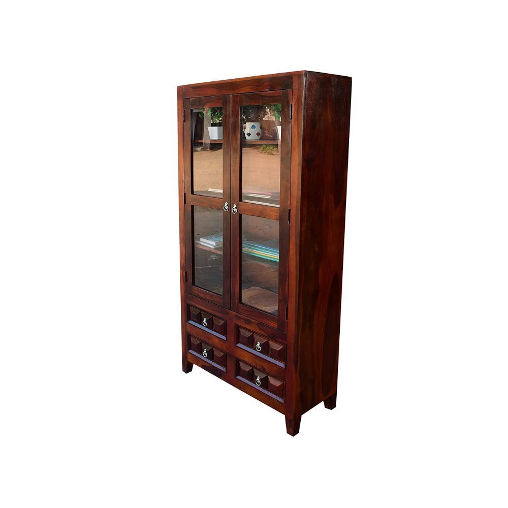 Aaram By Zebrs Solid Sheesham Wooden Book Shelf Cabinet with Glass Rack and Drawer Storage for Home
