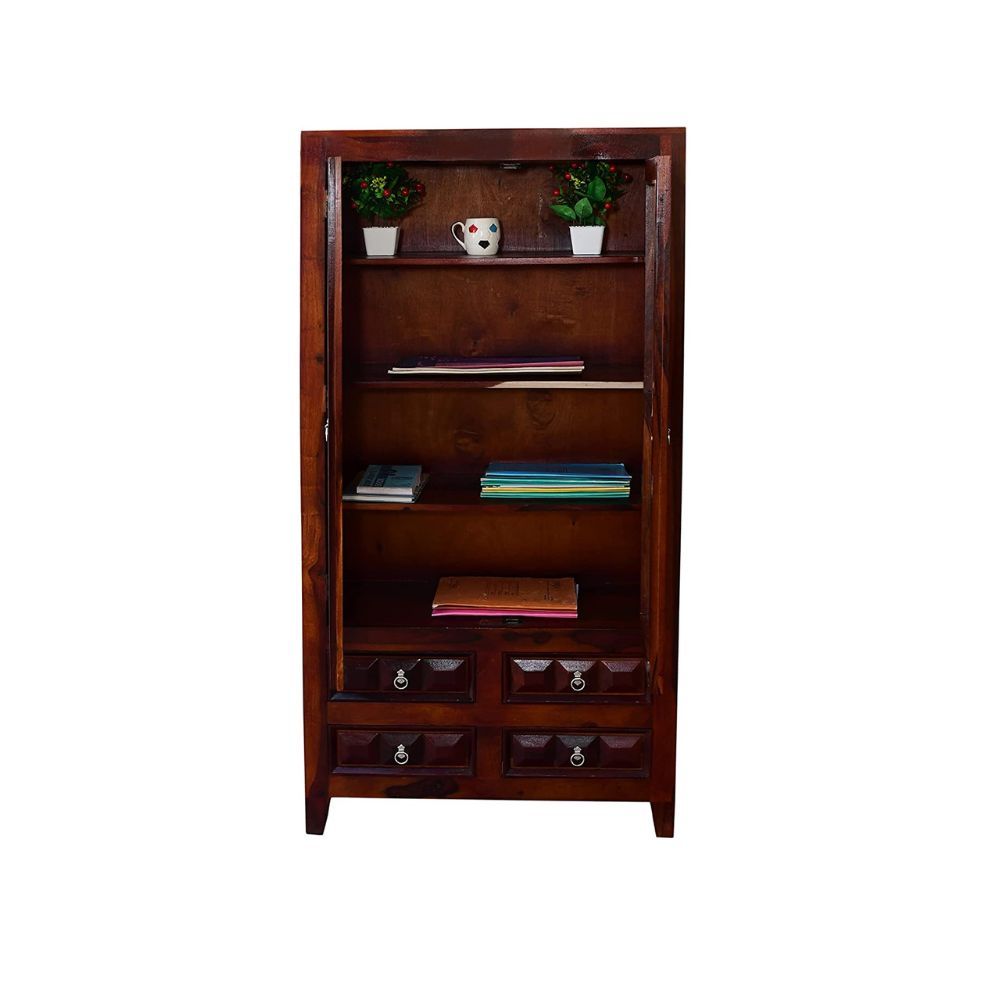 Aaram By Zebrs Solid Sheesham Wooden Book Shelf Cabinet with Glass Rack and Drawer Storage for Home