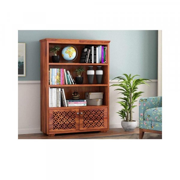 Aaram By Zebrs Solid Wood Display Unit Book Shelves for Living Room | Open Bookcase Shelf with 3 Shelf &amp; 2 Door Cabinet Storage | Sheesham Wood
