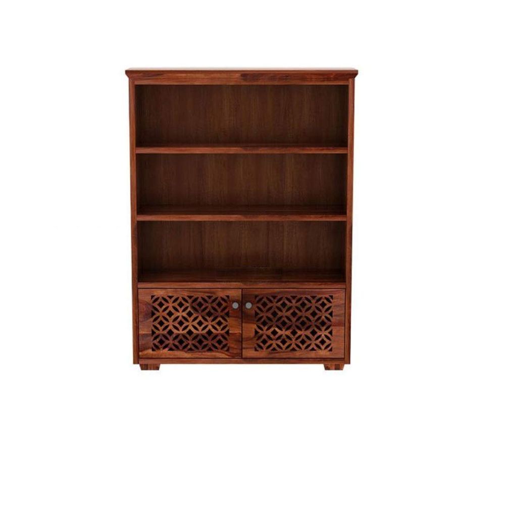 Aaram By Zebrs Solid Wood Display Unit Book Shelves for Living Room | Open Bookcase Shelf with 3 Shelf & 2 Door Cabinet Storage | Sheesham Wood
