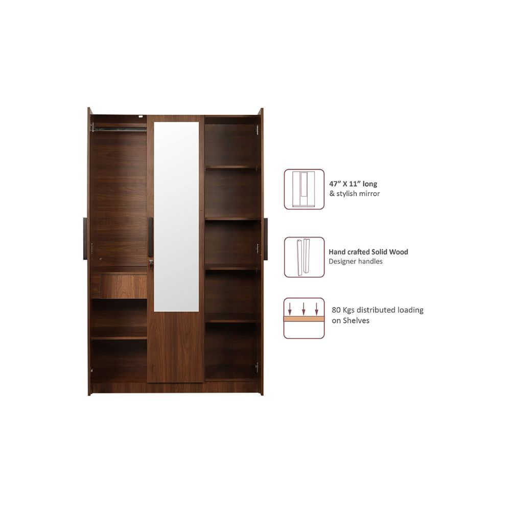 Aaram By Zebrs Wood 3 Door Wardrobe with Drawer & with Mirror - Teak Finish