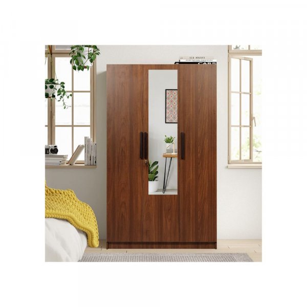 Aaram By Zebrs Wood 3 Door Wardrobe with Drawer &amp; with Mirror - Teak Finish