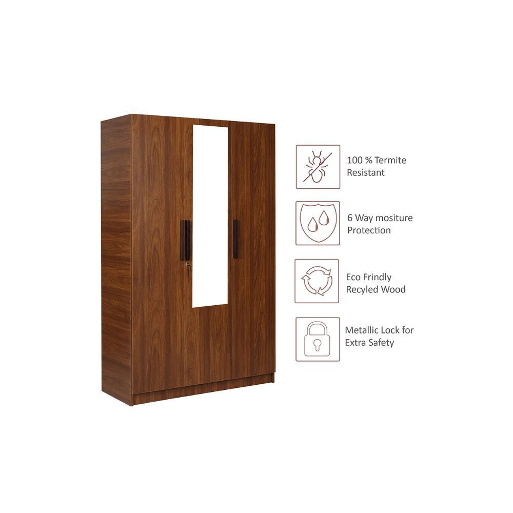 Aaram By Zebrs Wood 3 Door Wardrobe with Drawer & with Mirror - Teak Finish